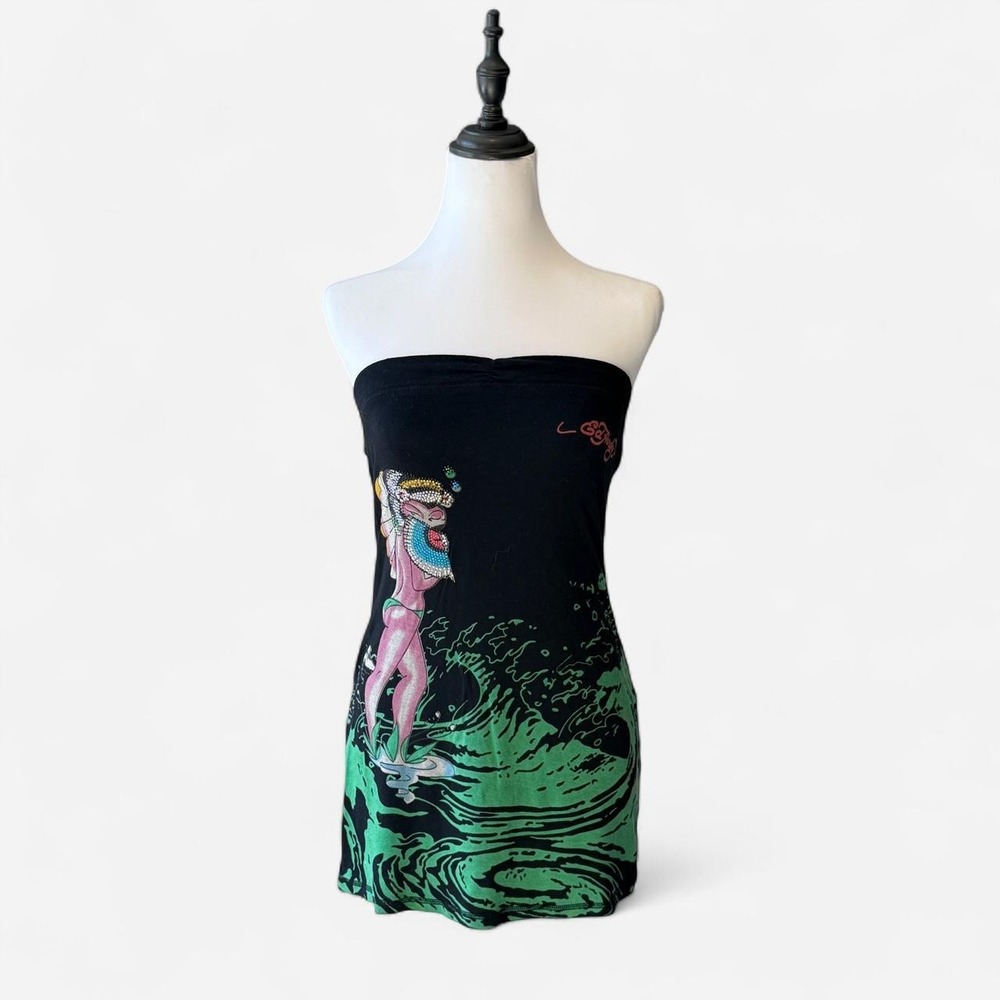 Vintage Ed Hardy Y2K Rhinestone Geisha Wave Tube Top Mini Dress Black Medium